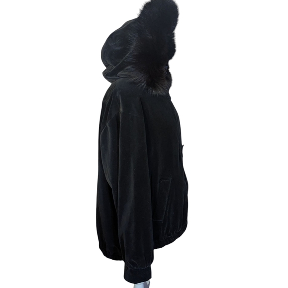 Vtg Braefair Black Velvet Real Fox Fur Trimmed Hooded Bomber Jacket Sz L - Picture 4 of 10